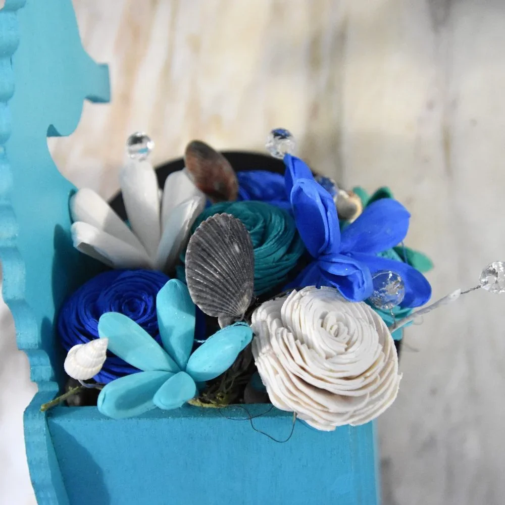 Ocean/Beach theme wall hanging seahorse planter with Sola wood flowers in ocean
